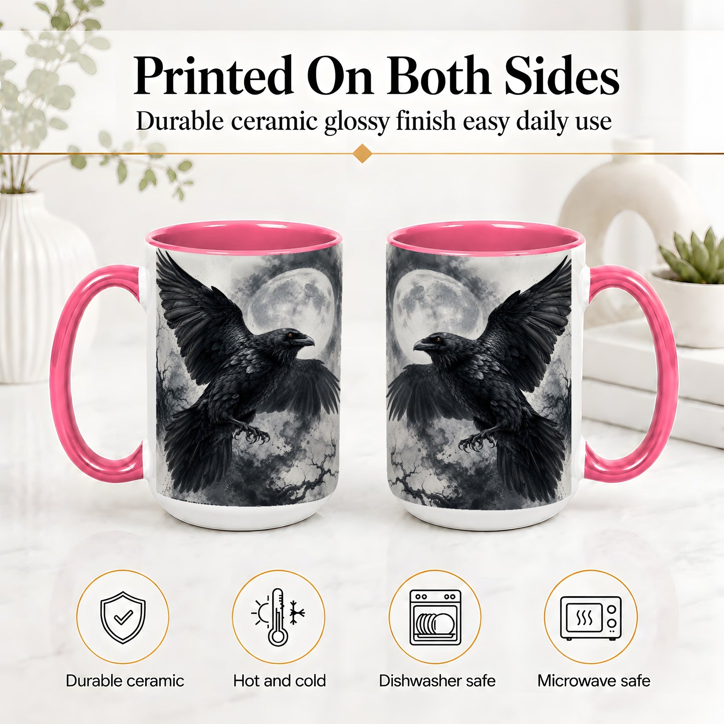 #pl[15oz|Pink] Black Raven Moon Ceramic Mug, Gothic Night Watercolor Artwork