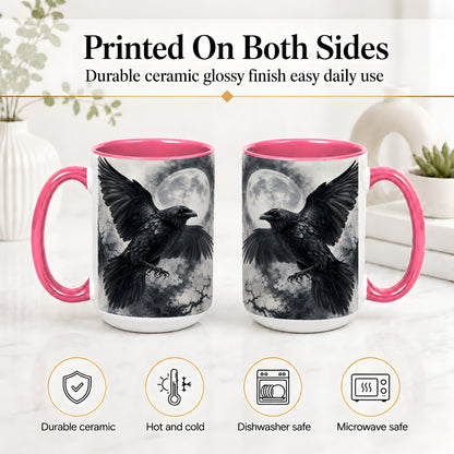 #pl[15oz|Pink] Black Raven Moon Ceramic Mug, Gothic Night Watercolor Artwork