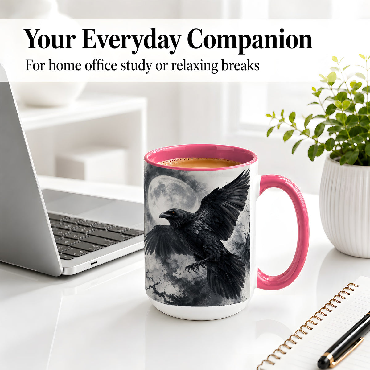 #pl[15oz|Pink] Black Raven Moon Ceramic Mug, Gothic Night Watercolor Artwork