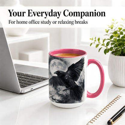 #pl[15oz|Pink] Black Raven Moon Ceramic Mug, Gothic Night Watercolor Artwork