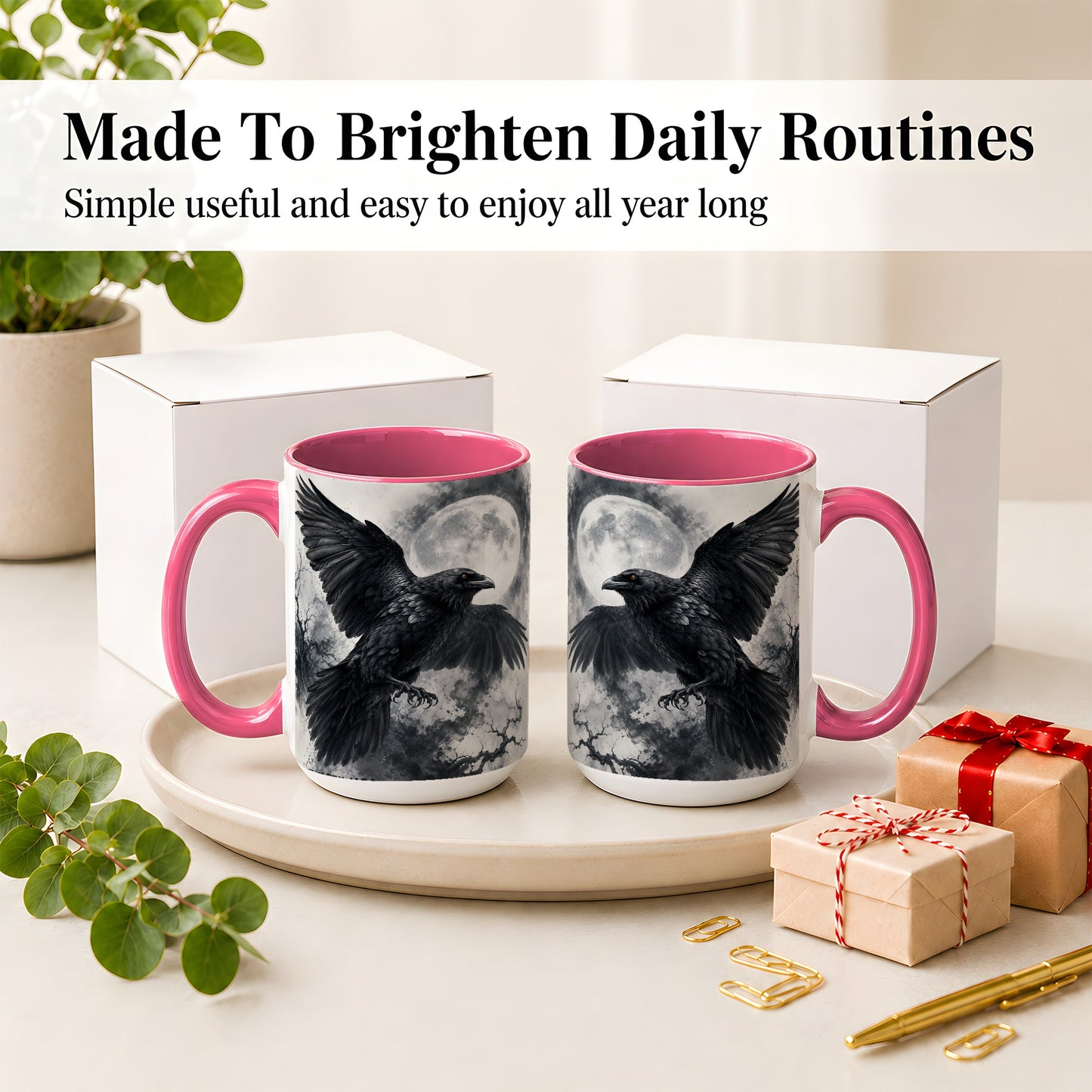 #pl[15oz|Pink] Black Raven Moon Ceramic Mug, Gothic Night Watercolor Artwork