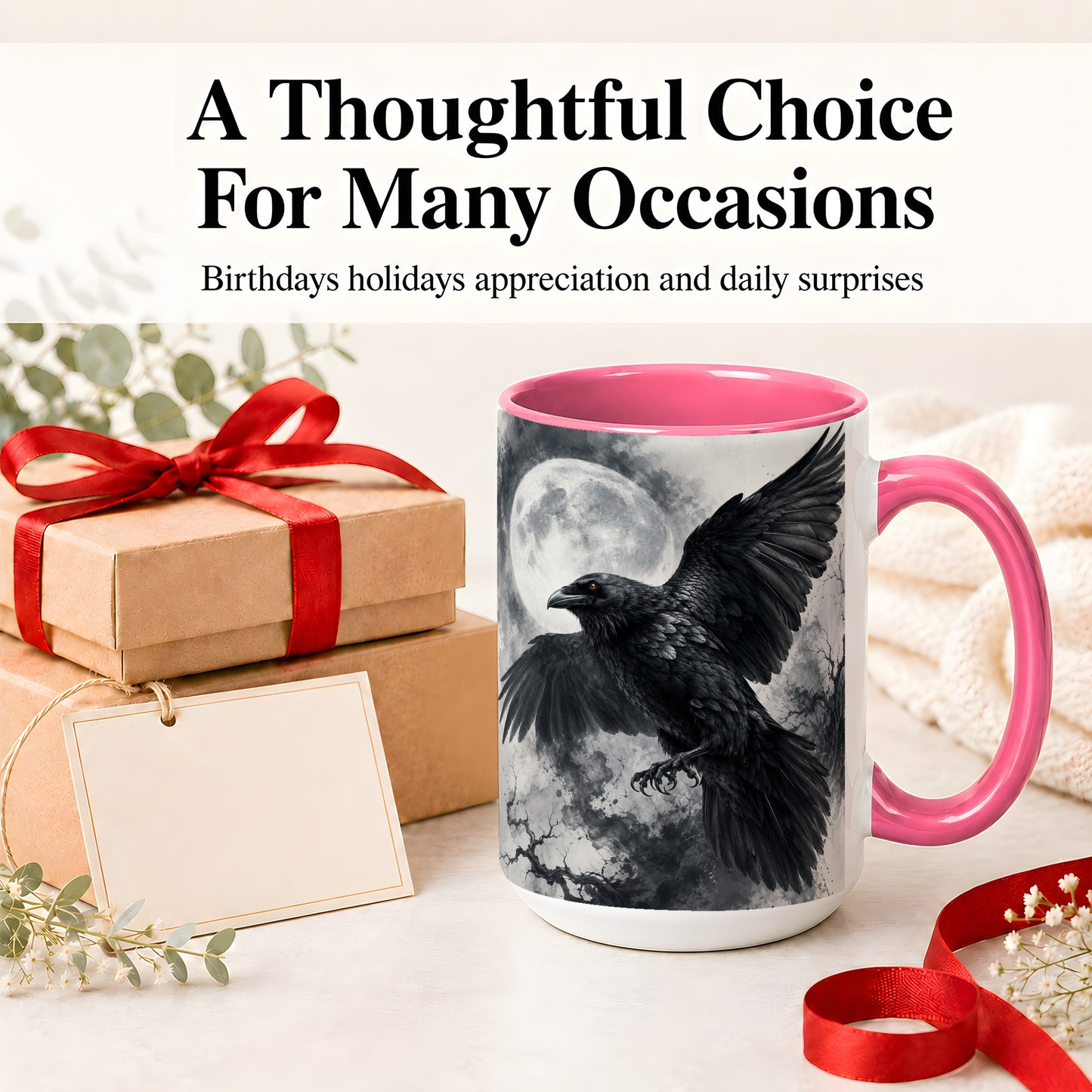 #pl[15oz|Pink] Black Raven Moon Ceramic Mug, Gothic Night Watercolor Artwork