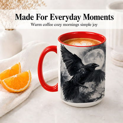 #pl[15oz|Red] Black Raven Moon Ceramic Mug, Gothic Night Watercolor Artwork