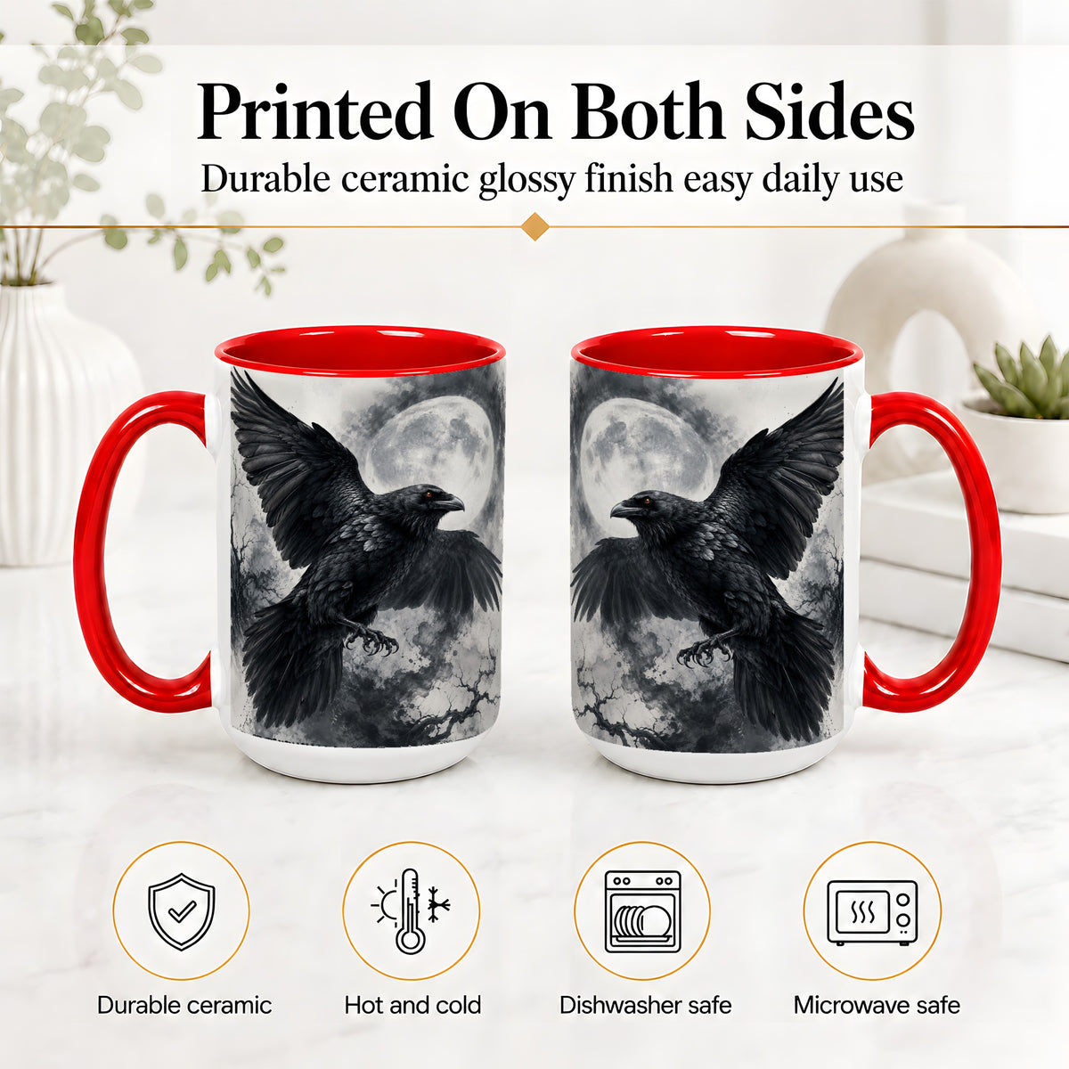 #pl[15oz|Red] Black Raven Moon Ceramic Mug, Gothic Night Watercolor Artwork