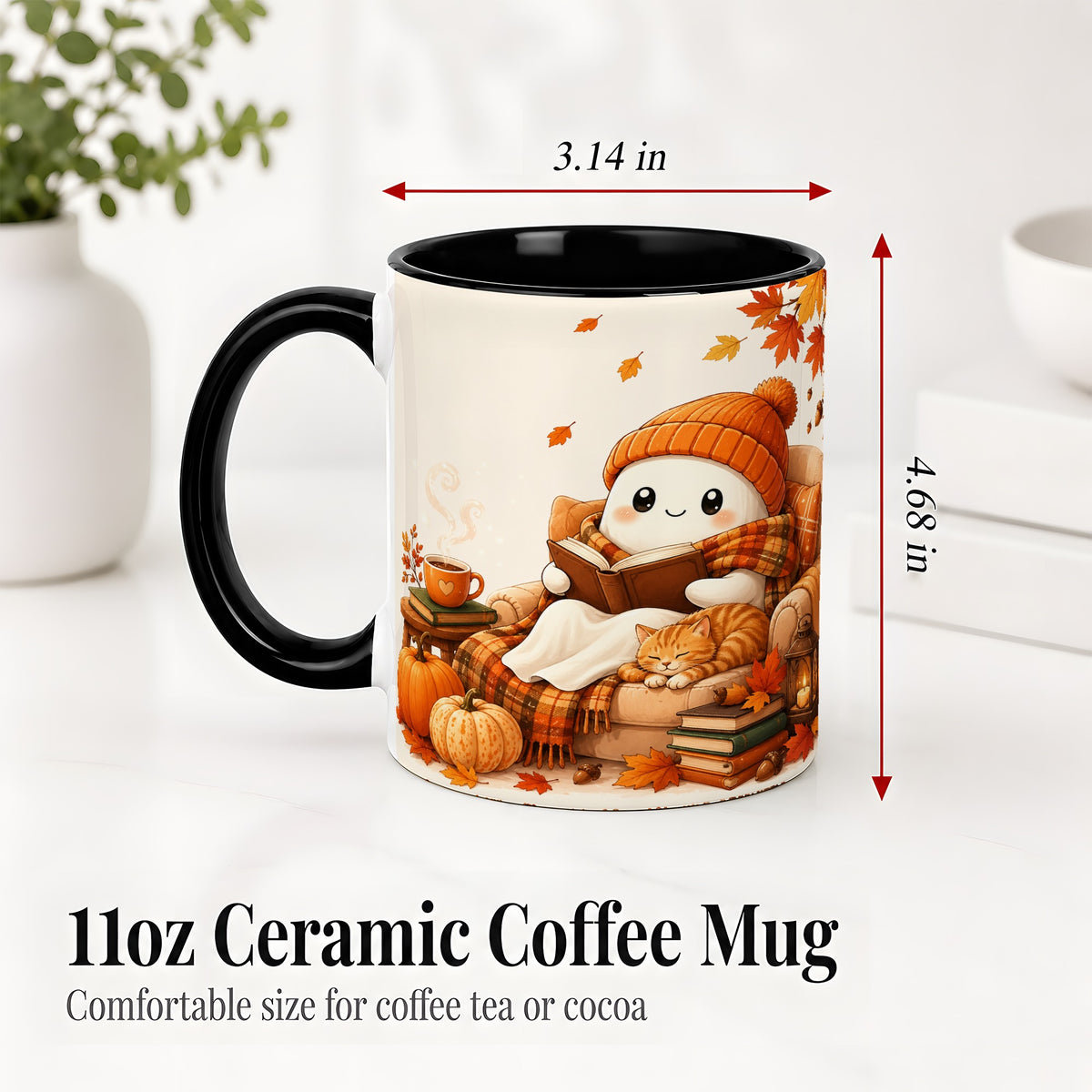 #pl[11oz|Black] Cozy Reading Ghost Ceramic Mug, Autumn Cat Pumpkin Artwork