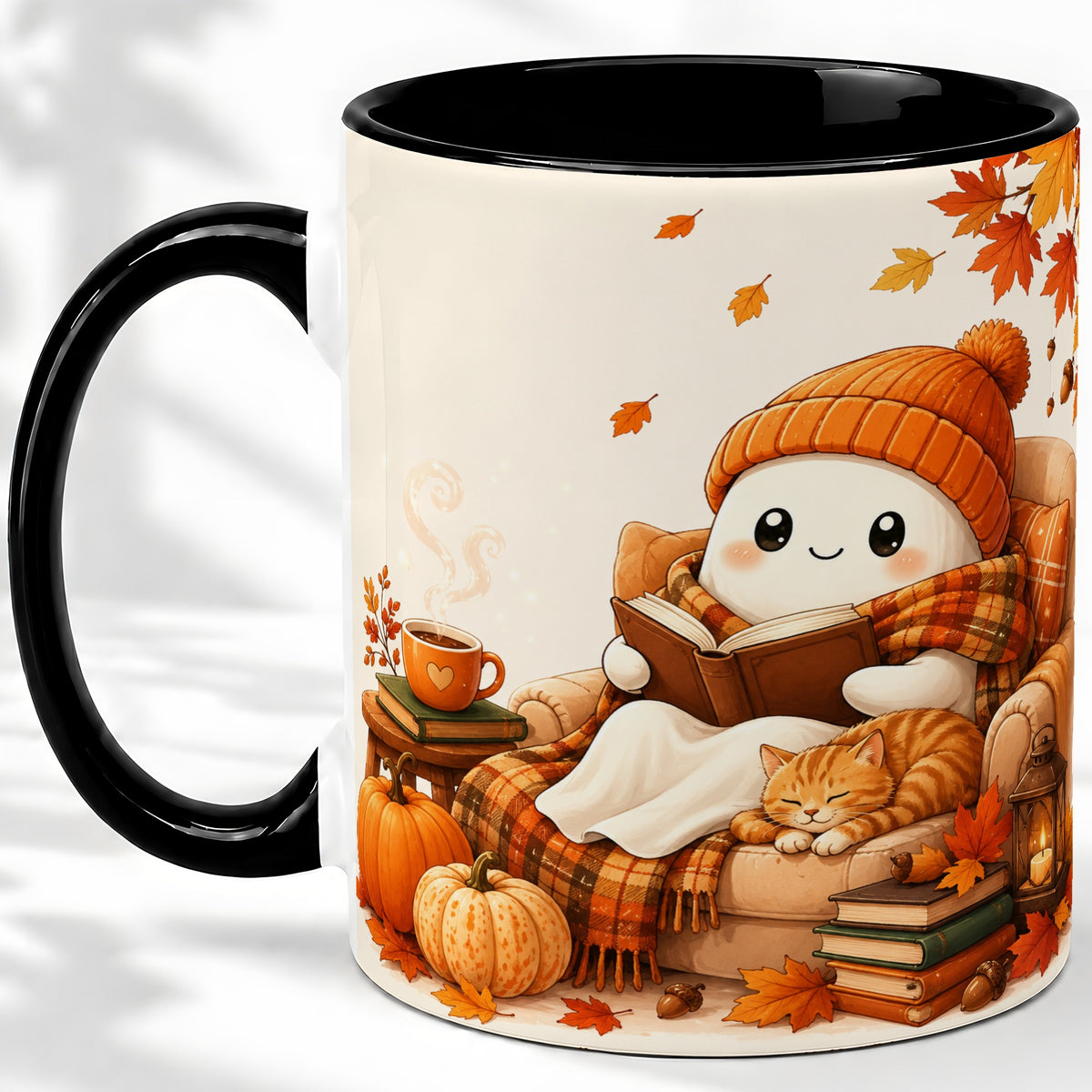 #pl[11oz|Black] Cozy Reading Ghost Ceramic Mug, Autumn Cat Pumpkin Artwork