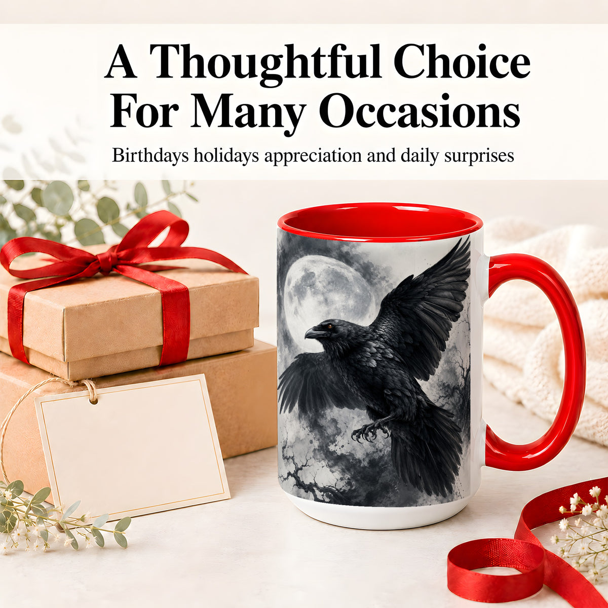 #pl[15oz|Red] Black Raven Moon Ceramic Mug, Gothic Night Watercolor Artwork