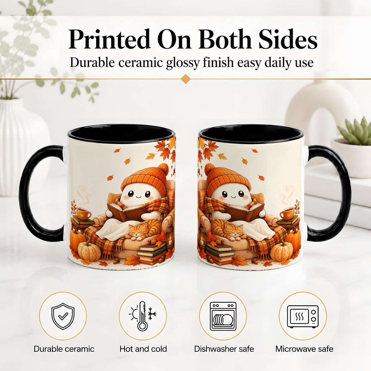 #pl[11oz|Black] Cozy Reading Ghost Ceramic Mug, Autumn Cat Pumpkin Artwork