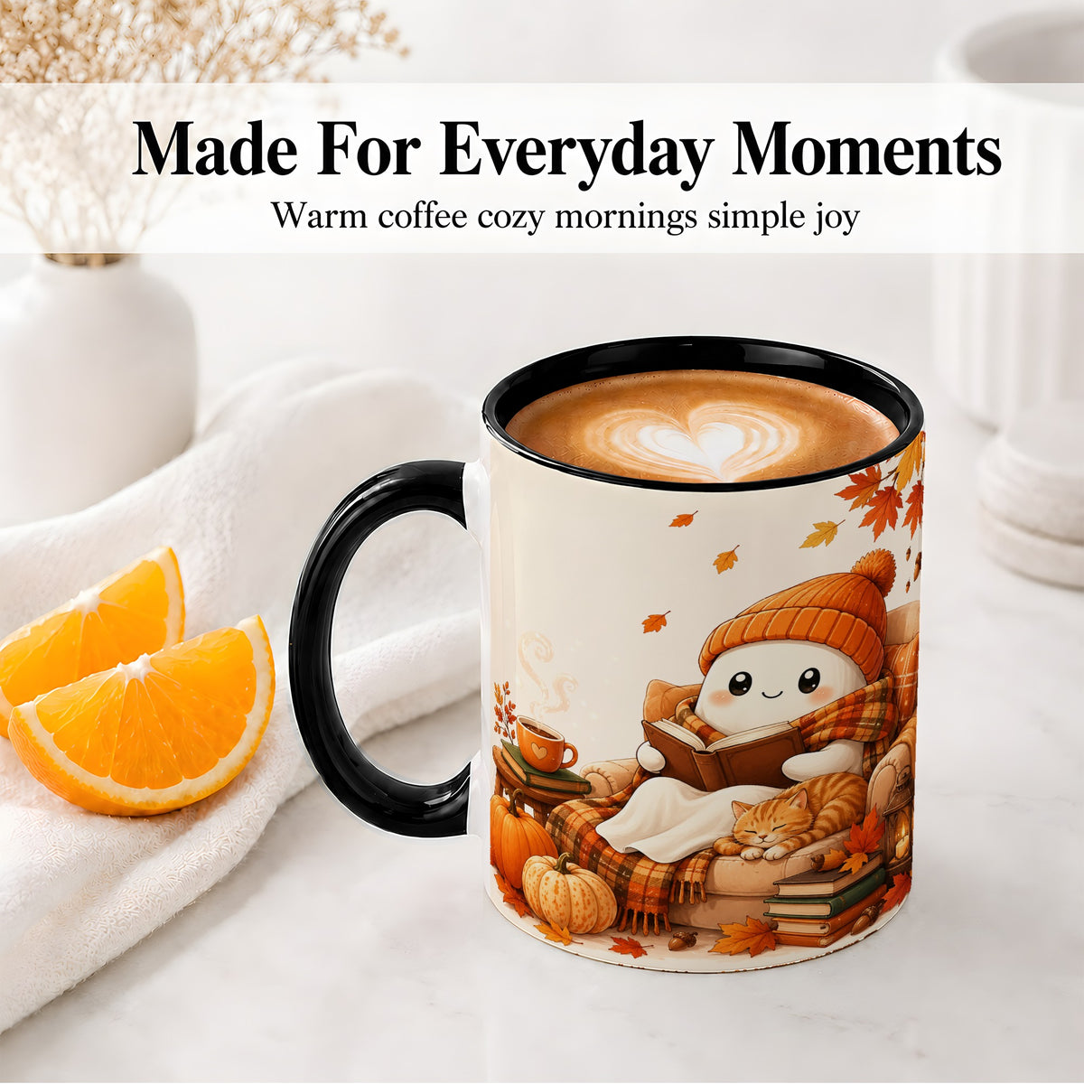 #pl[11oz|Black] Cozy Reading Ghost Ceramic Mug, Autumn Cat Pumpkin Artwork