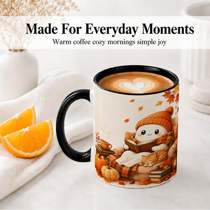 #pl[11oz|Black] Cozy Reading Ghost Ceramic Mug, Autumn Cat Pumpkin Artwork
