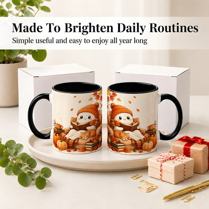#pl[11oz|Black] Cozy Reading Ghost Ceramic Mug, Autumn Cat Pumpkin Artwork