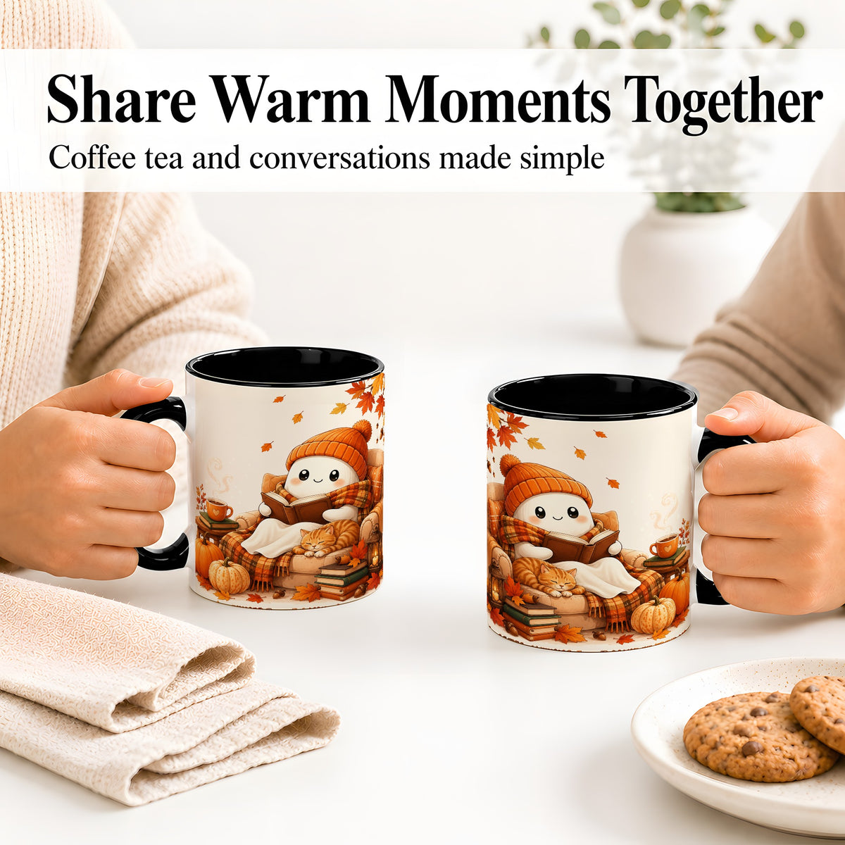 #pl[11oz|Black] Cozy Reading Ghost Ceramic Mug, Autumn Cat Pumpkin Artwork