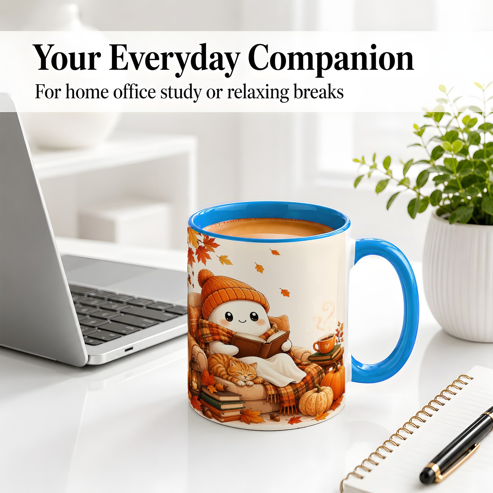 #pl[11oz|Blue] Cozy Reading Ghost Ceramic Mug, Autumn Cat Pumpkin Artwork
