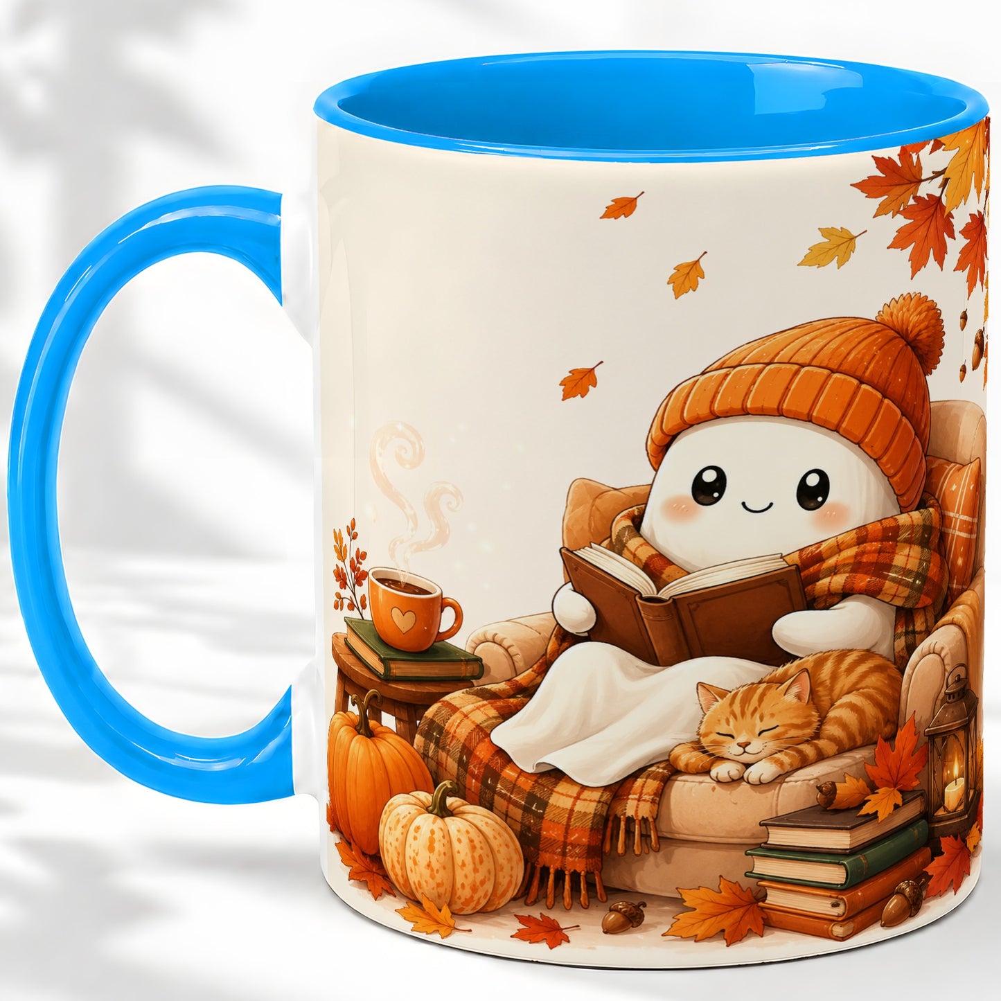 #pl[11oz|Blue] Cozy Reading Ghost Ceramic Mug, Autumn Cat Pumpkin Artwork