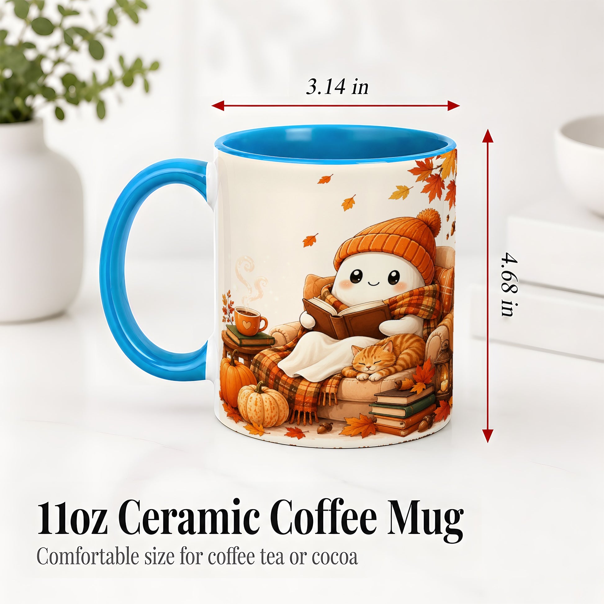 #pl[11oz|Blue] Cozy Reading Ghost Ceramic Mug, Autumn Cat Pumpkin Artwork