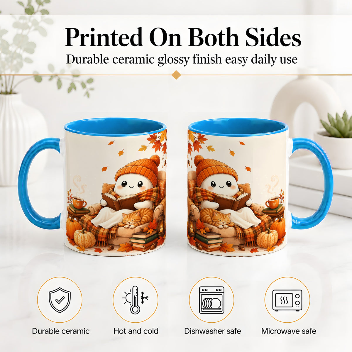 #pl[11oz|Blue] Cozy Reading Ghost Ceramic Mug, Autumn Cat Pumpkin Artwork