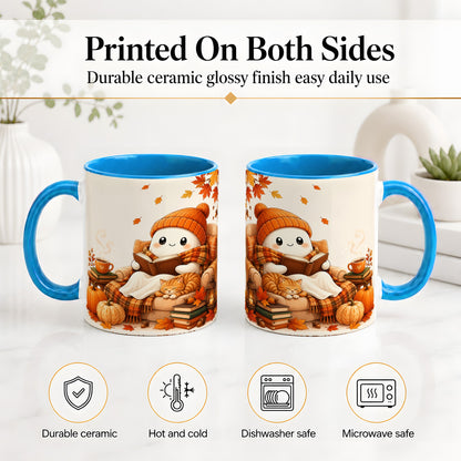 #pl[11oz|Blue] Cozy Reading Ghost Ceramic Mug, Autumn Cat Pumpkin Artwork