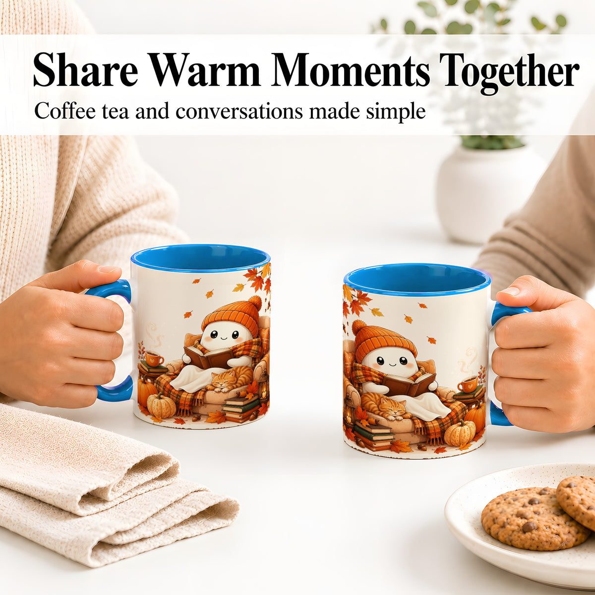 #pl[11oz|Blue] Cozy Reading Ghost Ceramic Mug, Autumn Cat Pumpkin Artwork