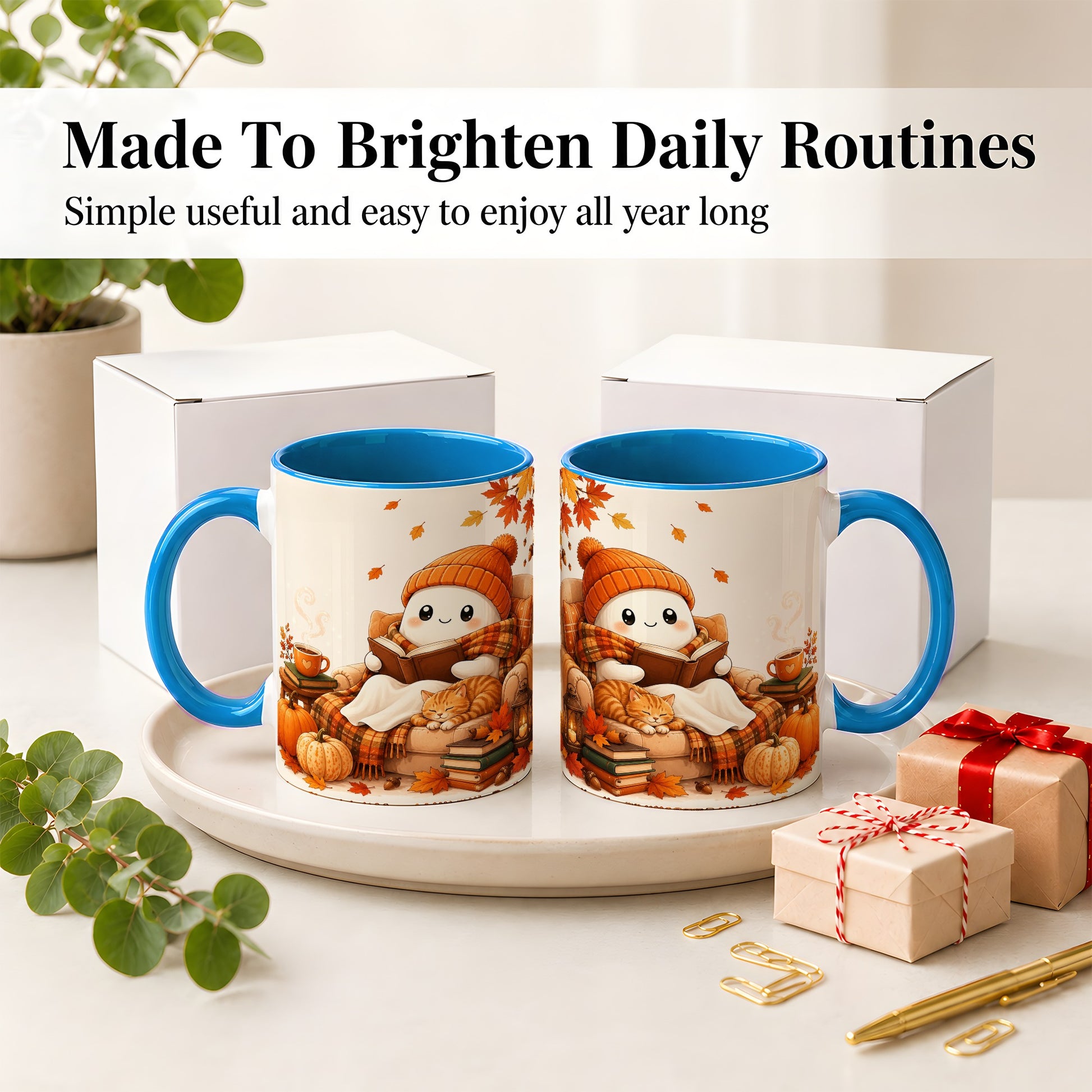 #pl[11oz|Blue] Cozy Reading Ghost Ceramic Mug, Autumn Cat Pumpkin Artwork