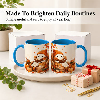 #pl[11oz|Blue] Cozy Reading Ghost Ceramic Mug, Autumn Cat Pumpkin Artwork