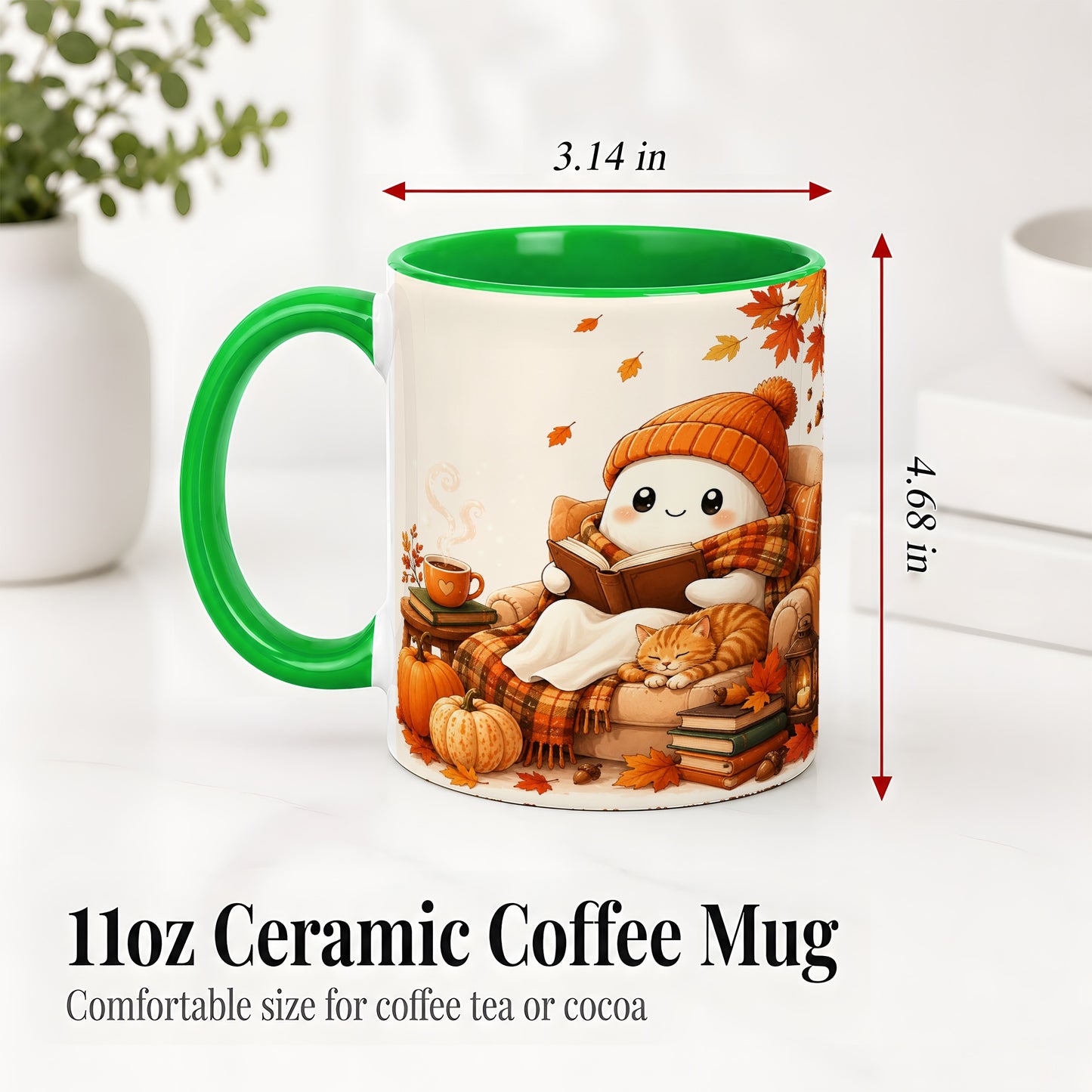 #pl[11oz|Green] Cozy Reading Ghost Ceramic Mug, Autumn Cat Pumpkin Artwork