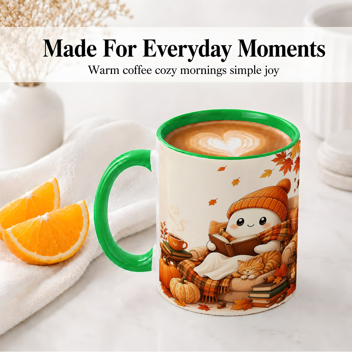 #pl[11oz|Green] Cozy Reading Ghost Ceramic Mug, Autumn Cat Pumpkin Artwork