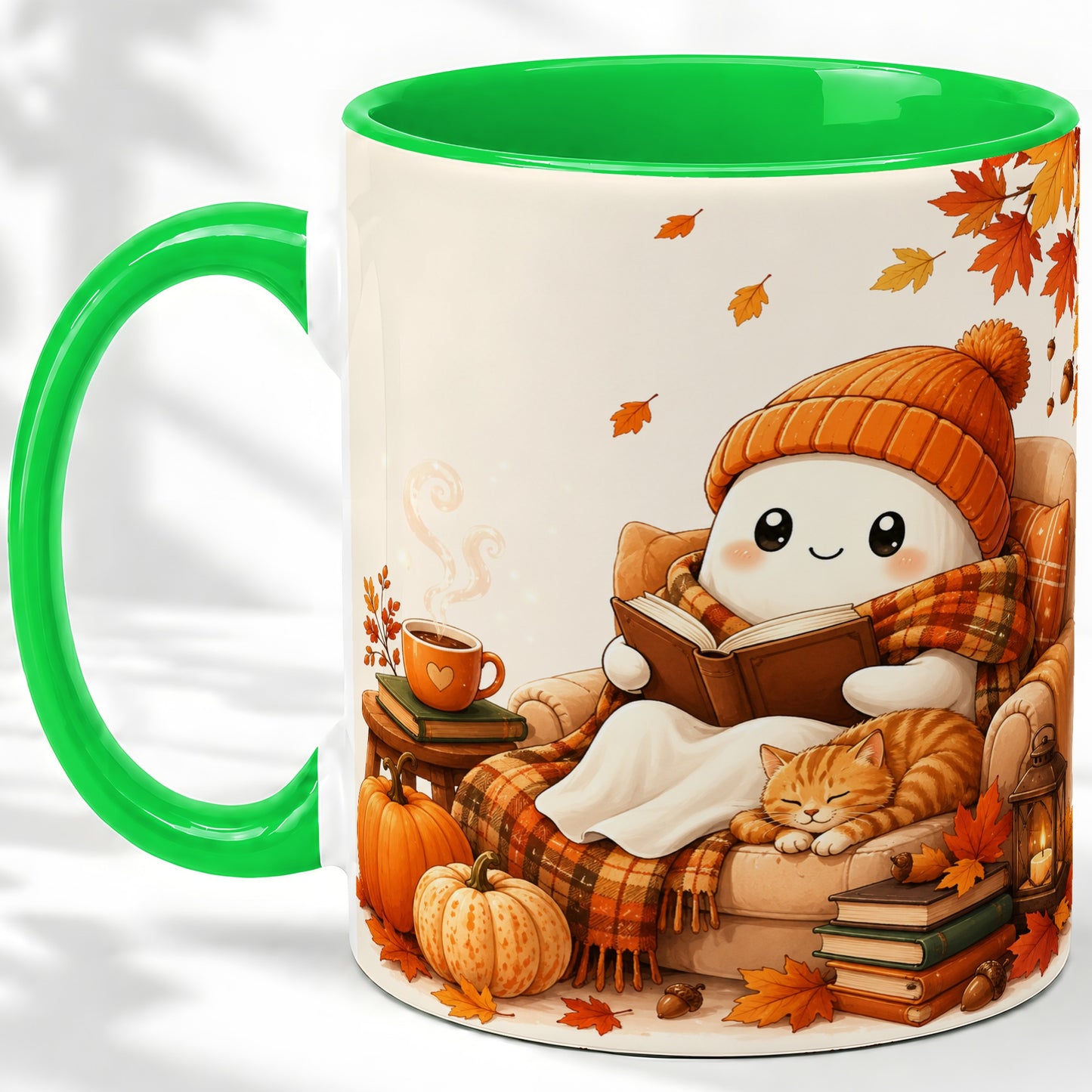 #pl[11oz|Green] Cozy Reading Ghost Ceramic Mug, Autumn Cat Pumpkin Artwork