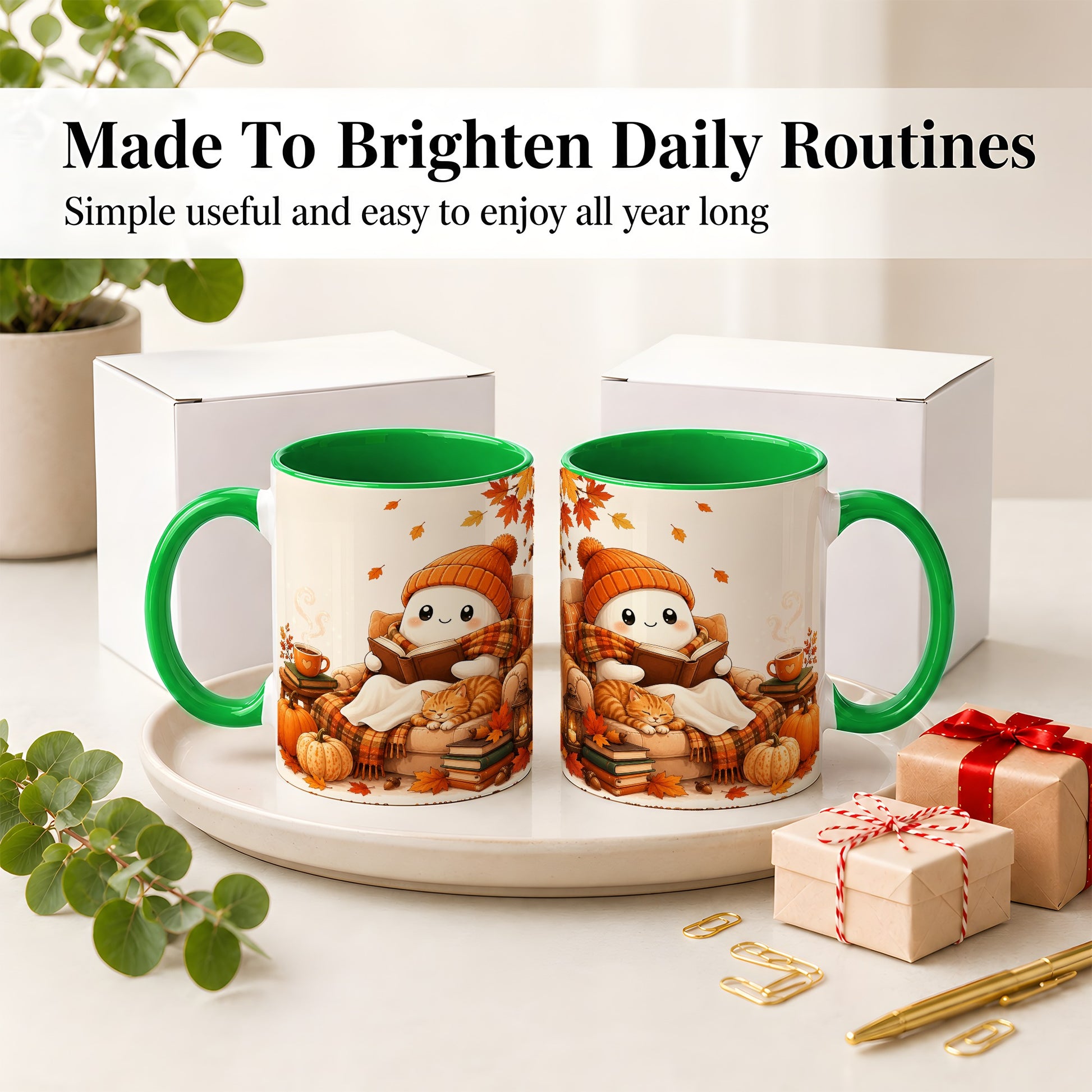 #pl[11oz|Green] Cozy Reading Ghost Ceramic Mug, Autumn Cat Pumpkin Artwork