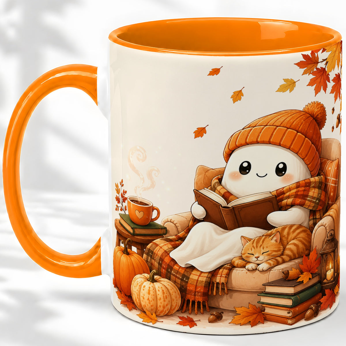 #pl[11oz|Orange] Cozy Reading Ghost Ceramic Mug, Autumn Cat Pumpkin Artwork