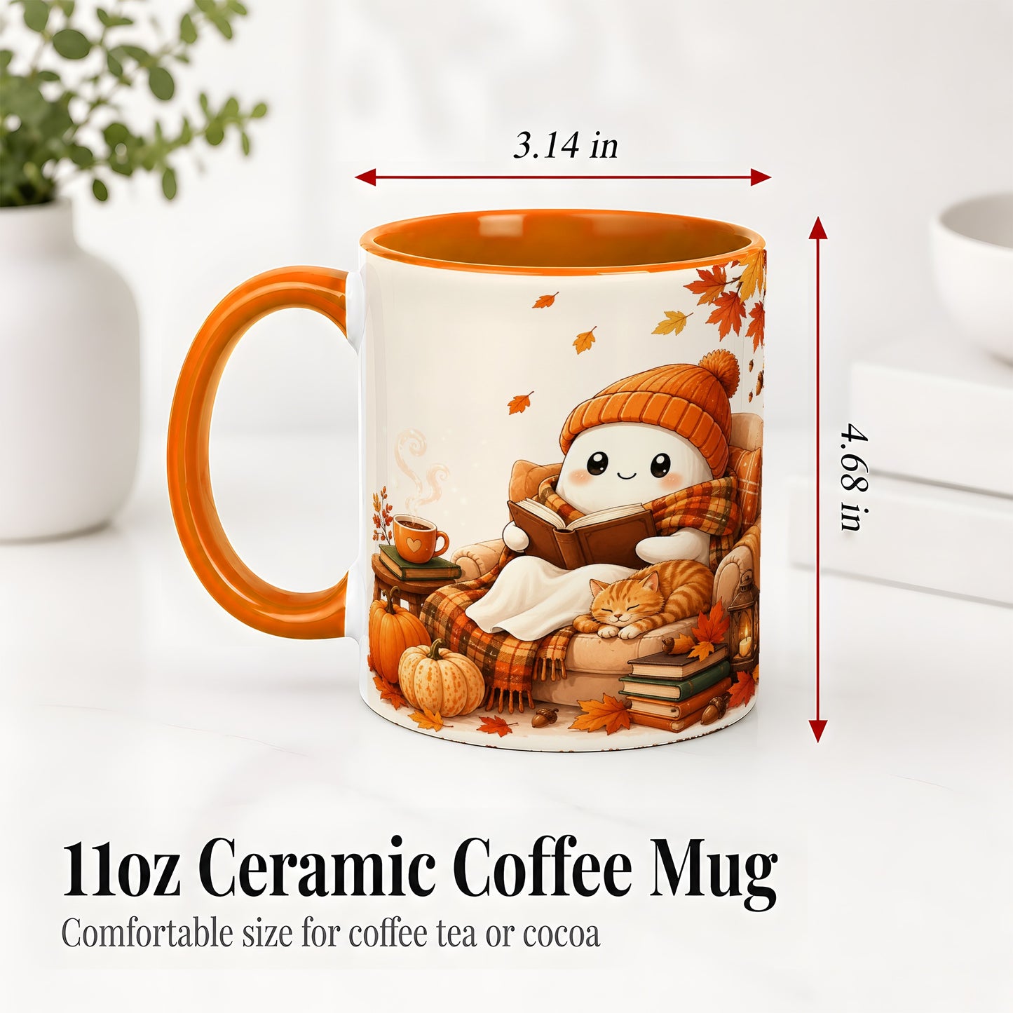 #pl[11oz|Orange] Cozy Reading Ghost Ceramic Mug, Autumn Cat Pumpkin Artwork