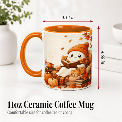 #pl[11oz|Orange] Cozy Reading Ghost Ceramic Mug, Autumn Cat Pumpkin Artwork