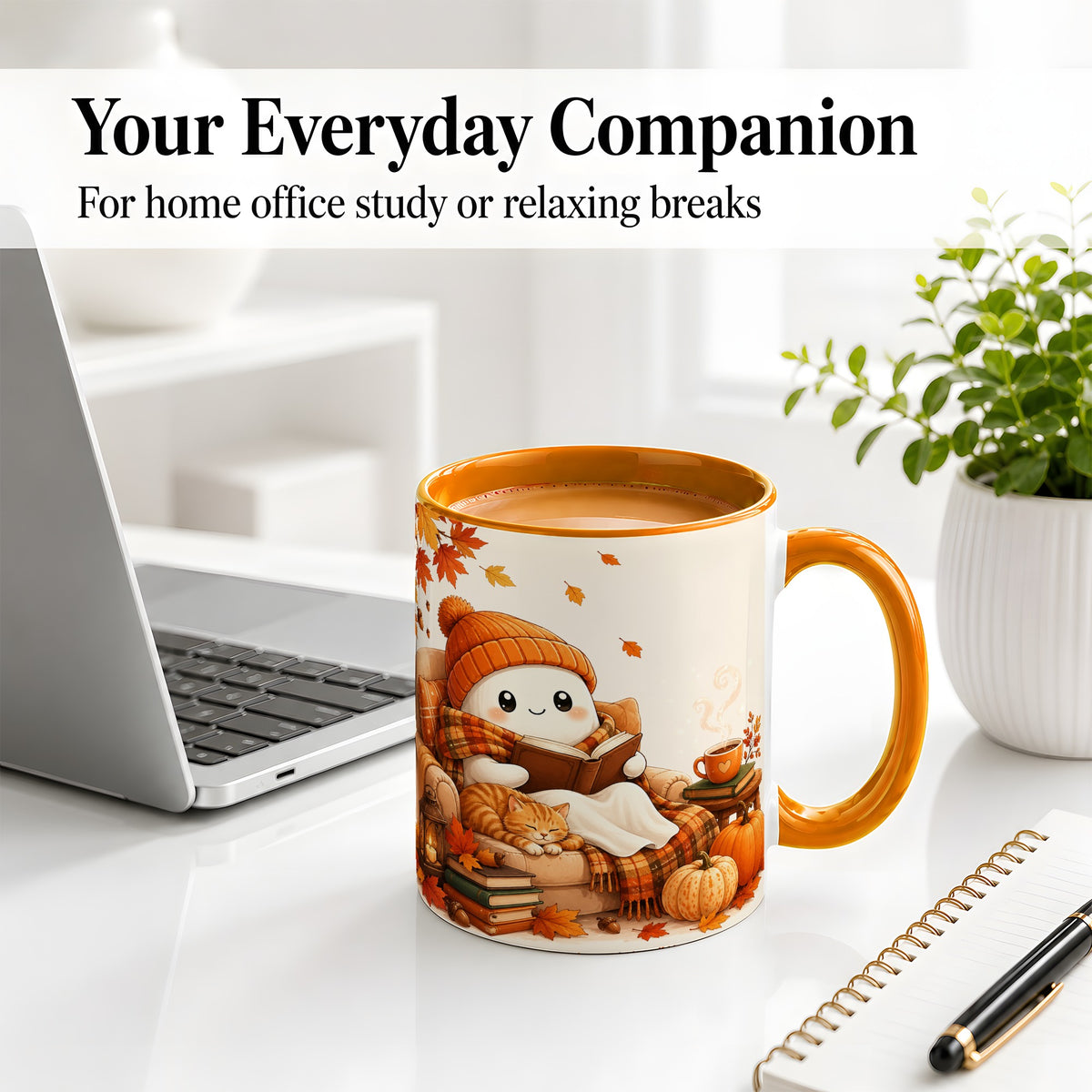 #pl[11oz|Orange] Cozy Reading Ghost Ceramic Mug, Autumn Cat Pumpkin Artwork