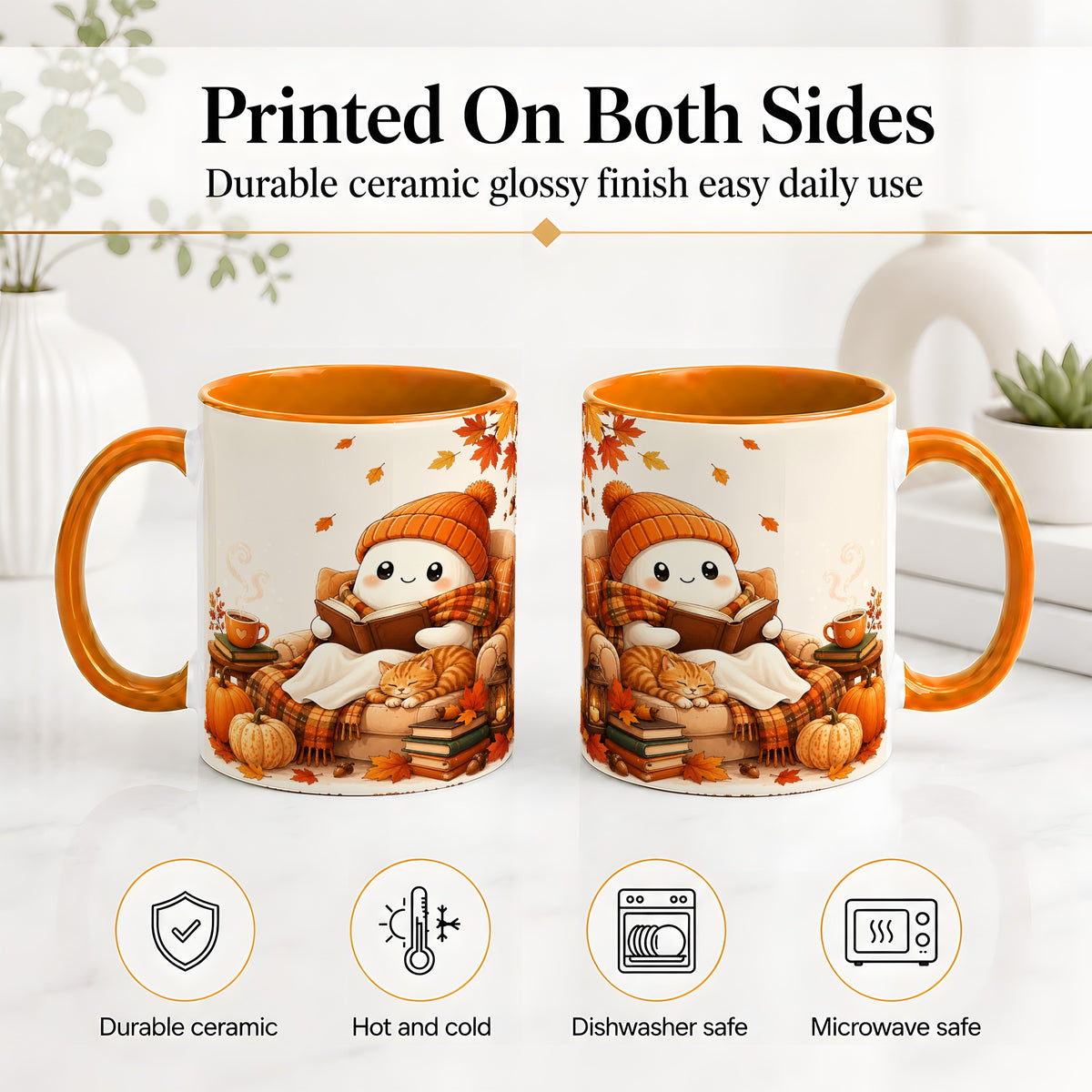 #pl[11oz|Orange] Cozy Reading Ghost Ceramic Mug, Autumn Cat Pumpkin Artwork