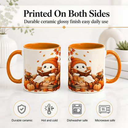 #pl[11oz|Orange] Cozy Reading Ghost Ceramic Mug, Autumn Cat Pumpkin Artwork