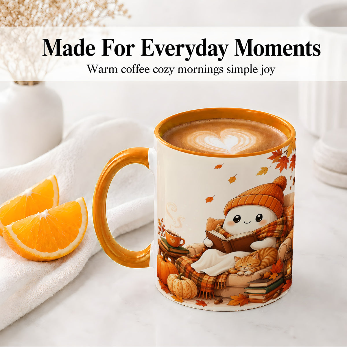 #pl[11oz|Orange] Cozy Reading Ghost Ceramic Mug, Autumn Cat Pumpkin Artwork