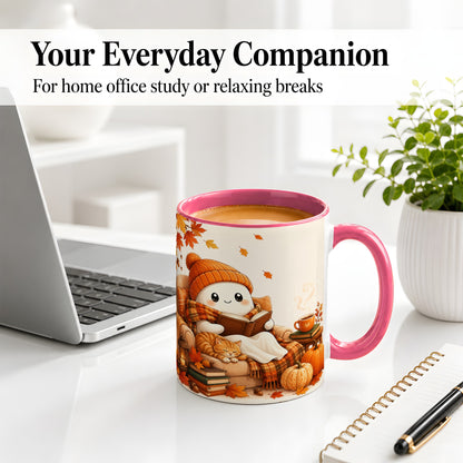 #pl[11oz|Pink] Cozy Reading Ghost Ceramic Mug, Autumn Cat Pumpkin Artwork
