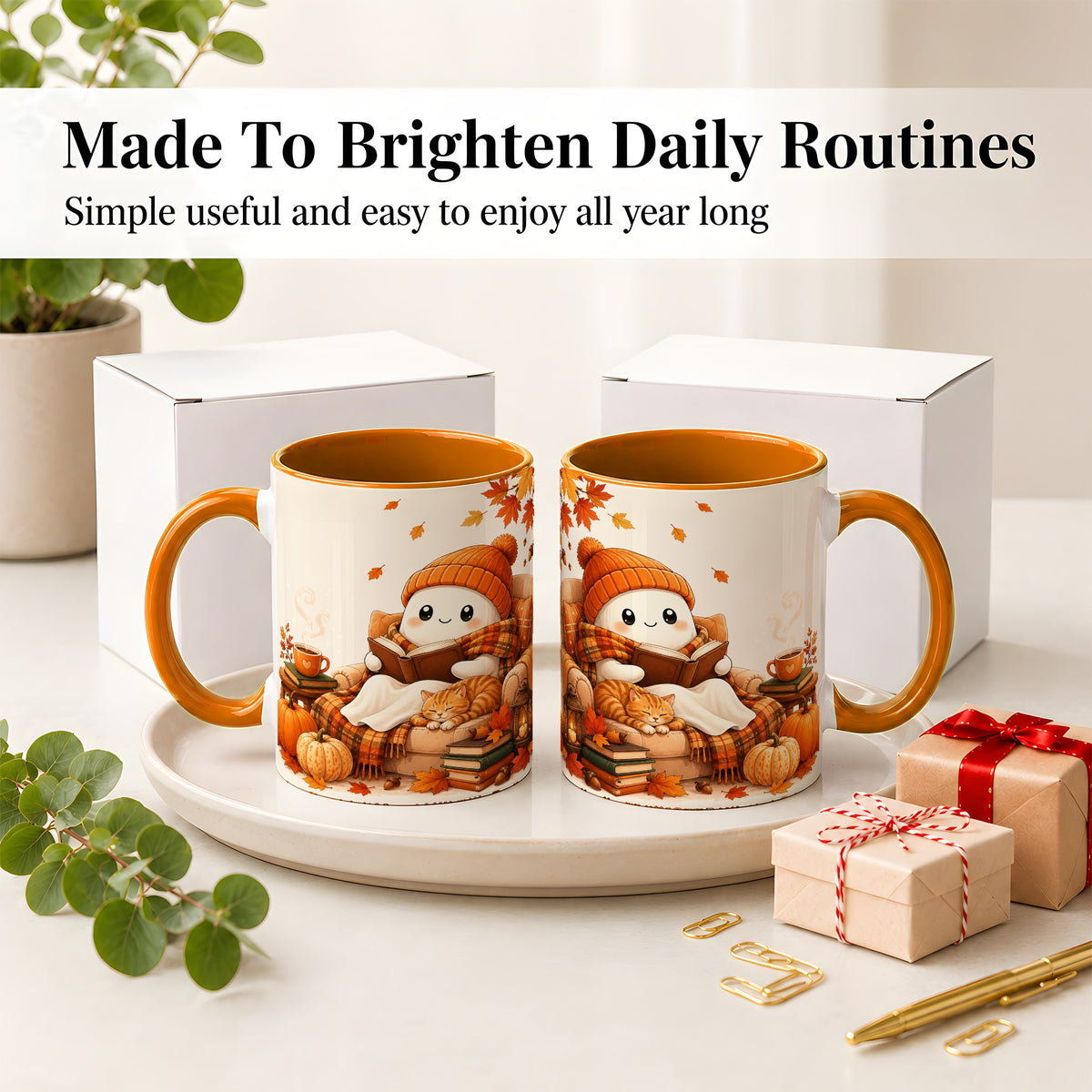 #pl[11oz|Orange] Cozy Reading Ghost Ceramic Mug, Autumn Cat Pumpkin Artwork