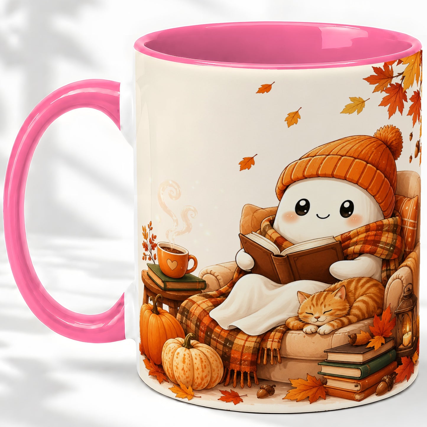 #pl[11oz|Pink] Cozy Reading Ghost Ceramic Mug, Autumn Cat Pumpkin Artwork