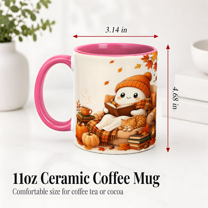 #pl[11oz|Pink] Cozy Reading Ghost Ceramic Mug, Autumn Cat Pumpkin Artwork