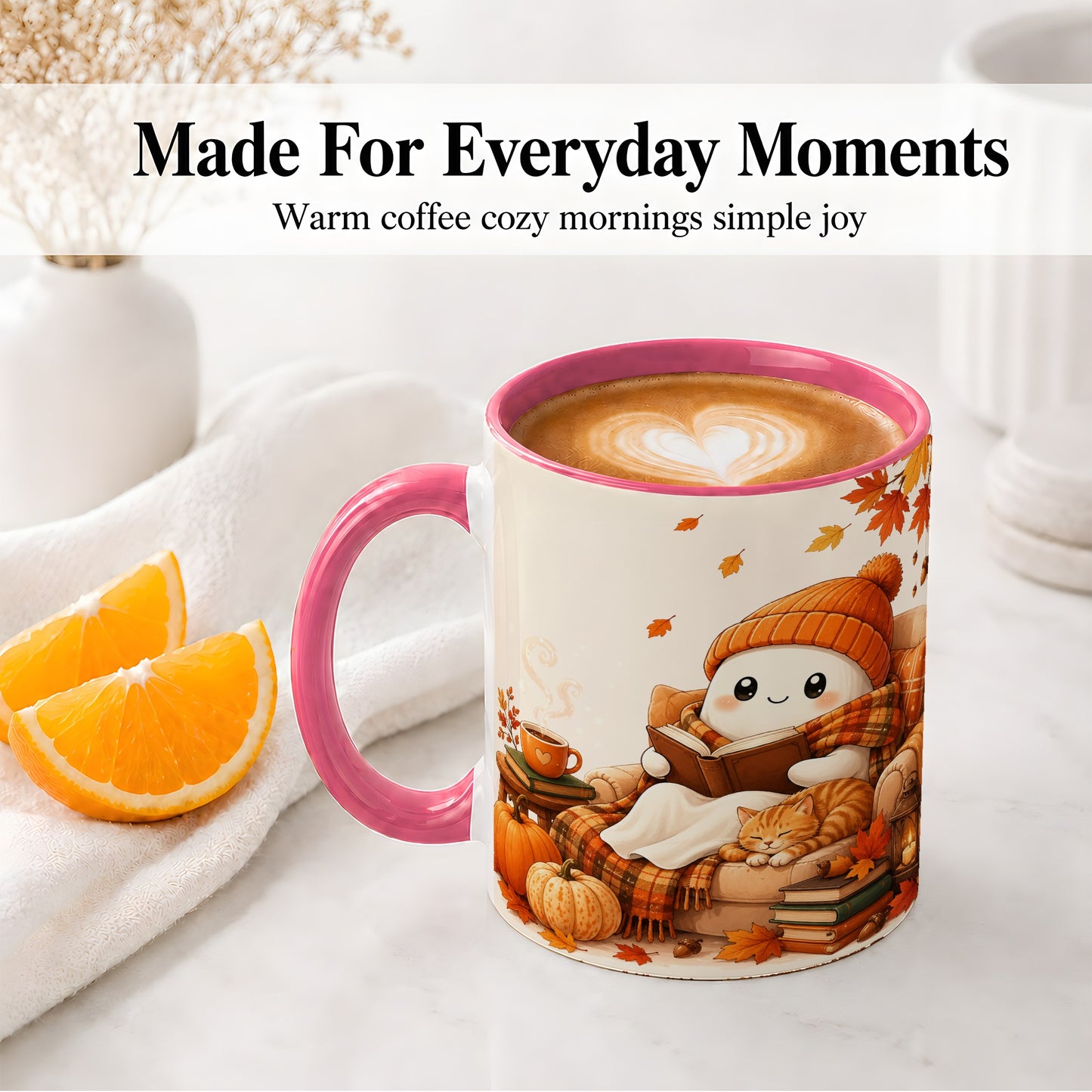 #pl[11oz|Pink] Cozy Reading Ghost Ceramic Mug, Autumn Cat Pumpkin Artwork