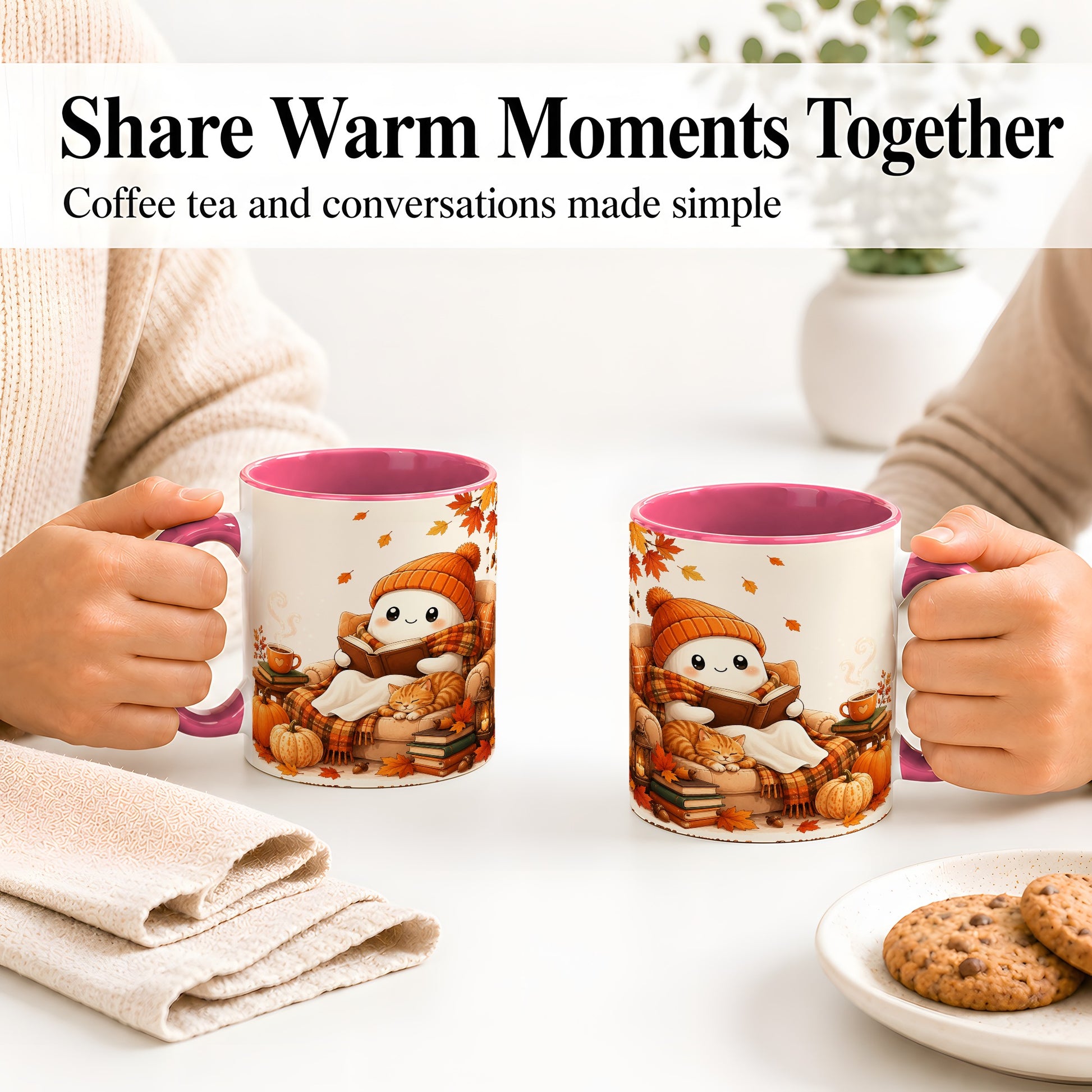 #pl[11oz|Pink] Cozy Reading Ghost Ceramic Mug, Autumn Cat Pumpkin Artwork