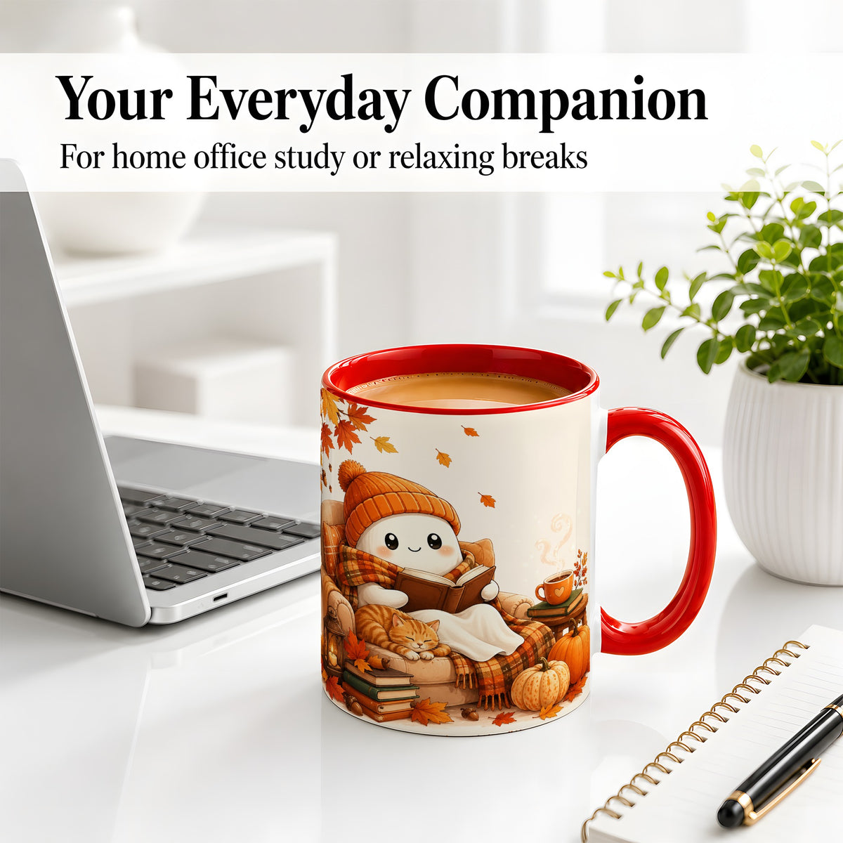 #pl[11oz|Red] Cozy Reading Ghost Ceramic Mug, Autumn Cat Pumpkin Artwork