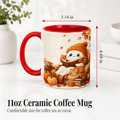 #pl[11oz|Red] Cozy Reading Ghost Ceramic Mug, Autumn Cat Pumpkin Artwork