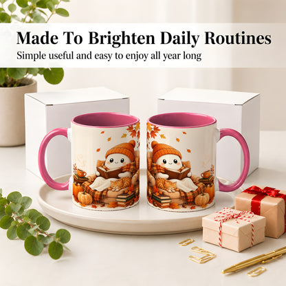#pl[11oz|Pink] Cozy Reading Ghost Ceramic Mug, Autumn Cat Pumpkin Artwork