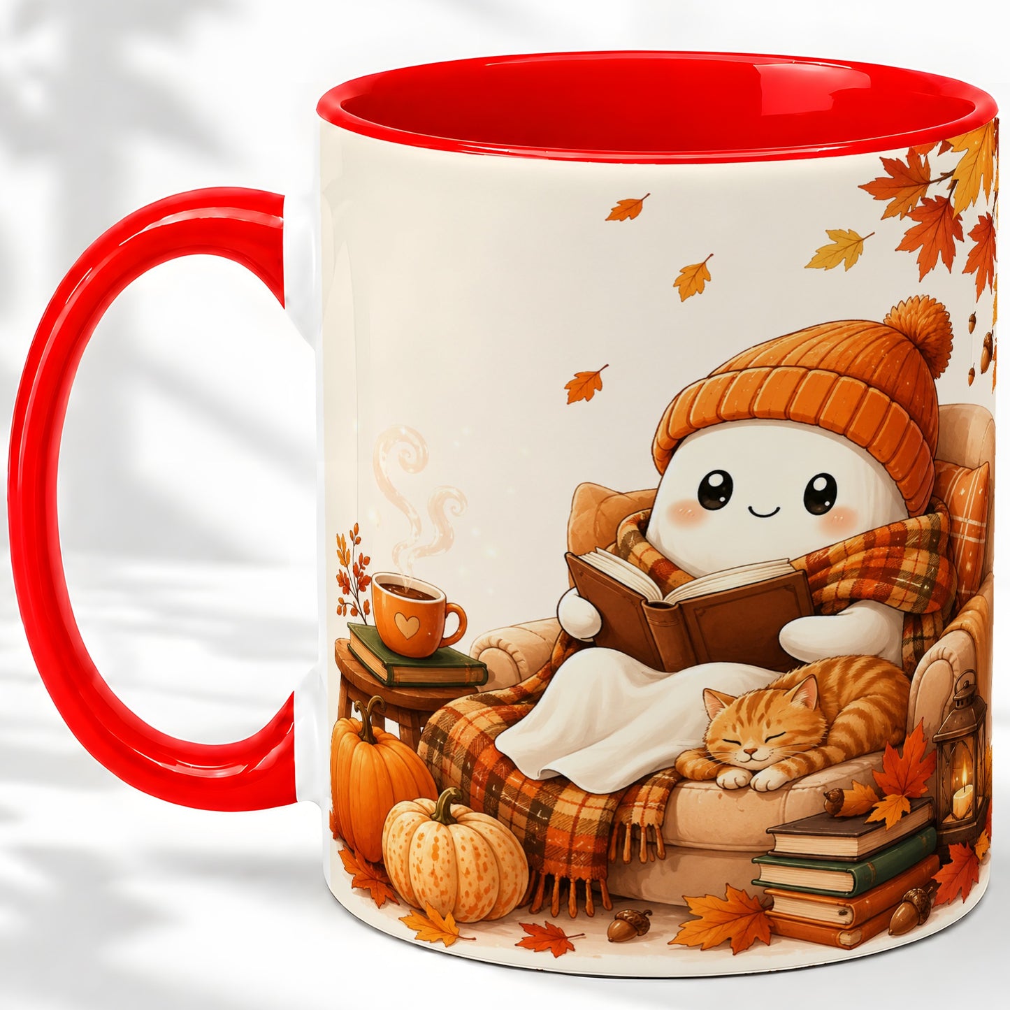 Cozy Reading Ghost Ceramic Mug, Autumn Cat Pumpkin Artwork