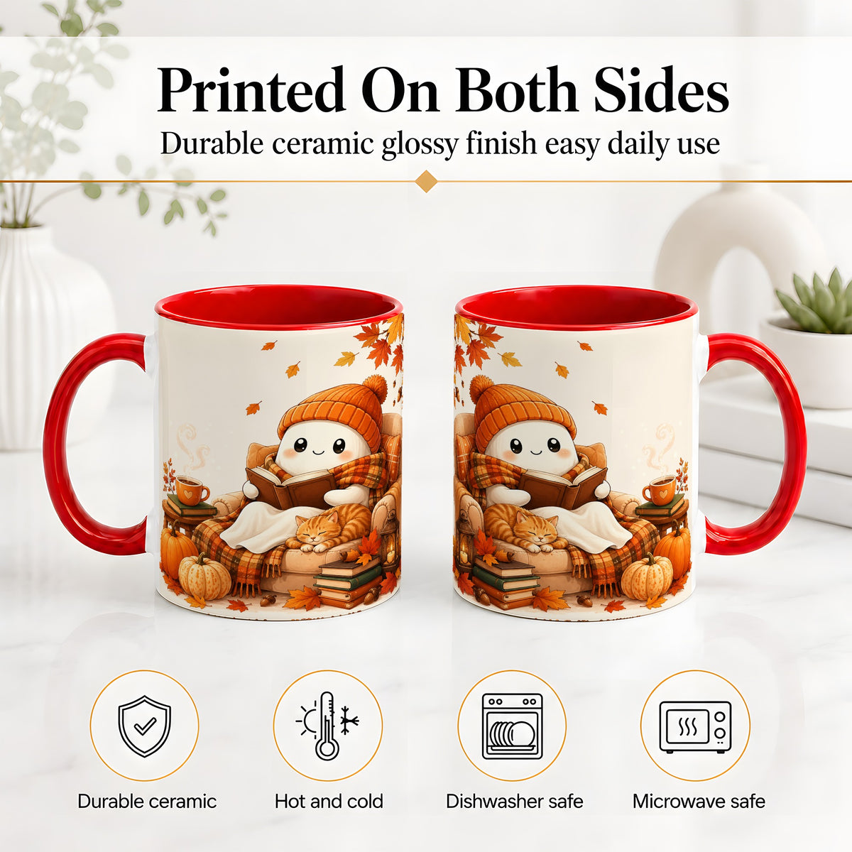 #pl[11oz|Red] Cozy Reading Ghost Ceramic Mug, Autumn Cat Pumpkin Artwork