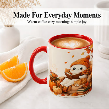 #pl[11oz|Red] Cozy Reading Ghost Ceramic Mug, Autumn Cat Pumpkin Artwork