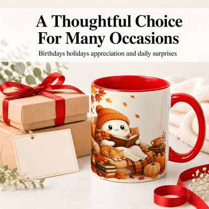 #pl[11oz|Red] Cozy Reading Ghost Ceramic Mug, Autumn Cat Pumpkin Artwork