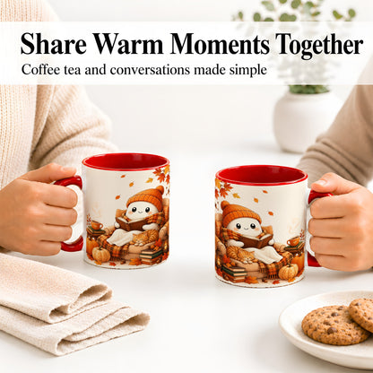 #pl[11oz|Red] Cozy Reading Ghost Ceramic Mug, Autumn Cat Pumpkin Artwork