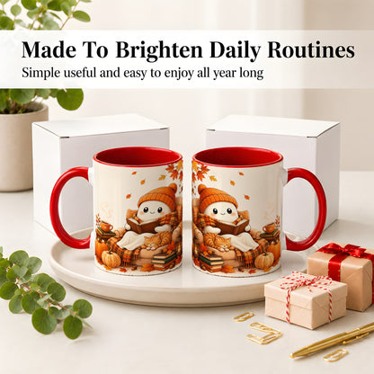 #pl[11oz|Red] Cozy Reading Ghost Ceramic Mug, Autumn Cat Pumpkin Artwork